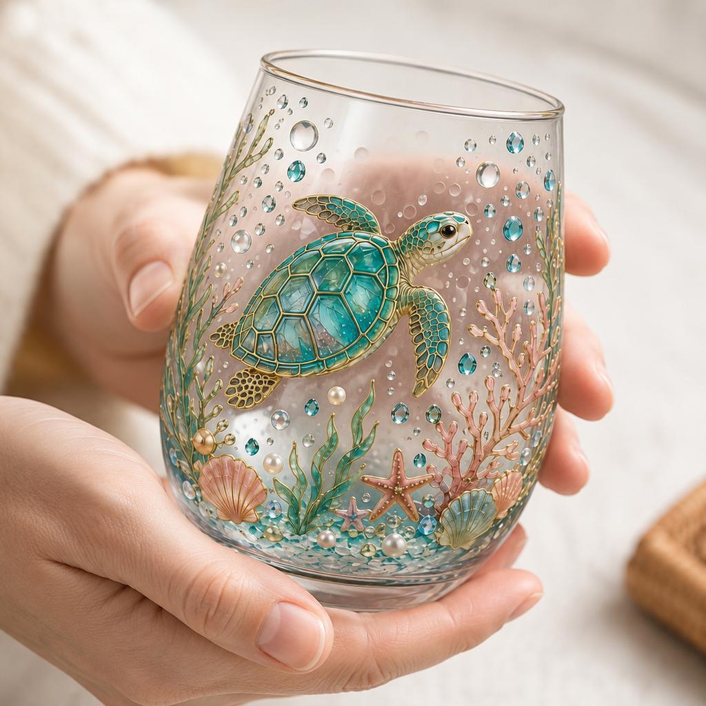 Glass Tumbler with Embossed Sea Turtle and Ocean Scene Design Stemless Water or Juice Cup for Home Kitchen Bar Use