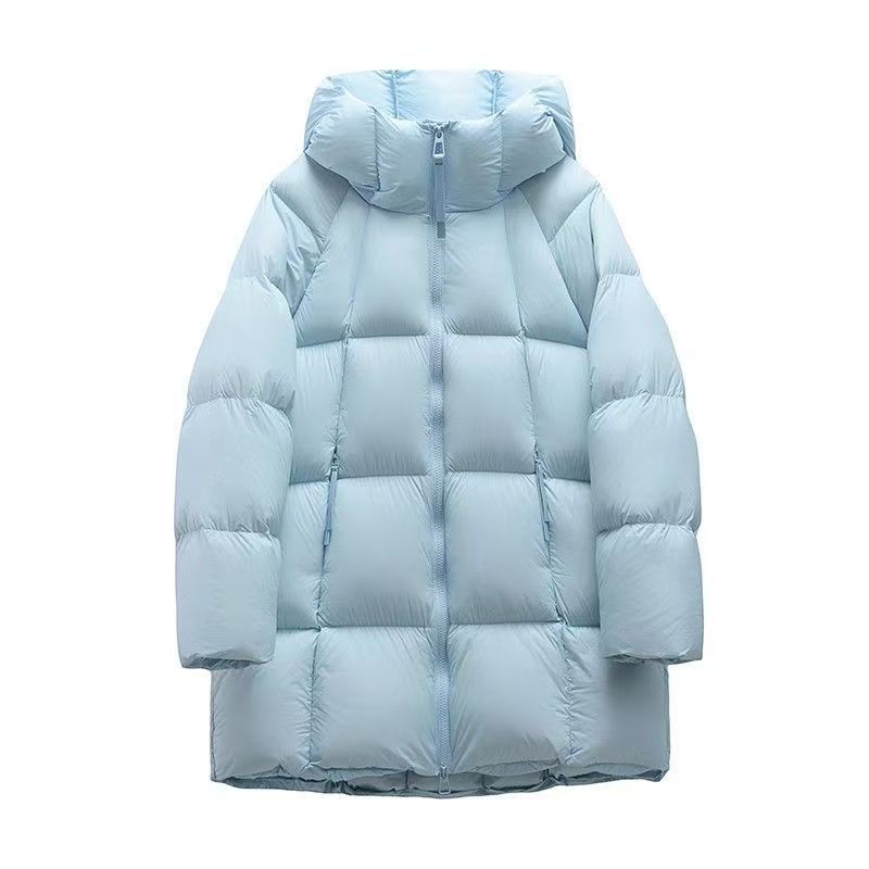

Мягкое хлопковое пальто в стиле пуховика, новинка 2025 года, хлопковое пальто средней длины, женская куртка с капюшоном, утолщенное хлопковое пальто L светло-синий