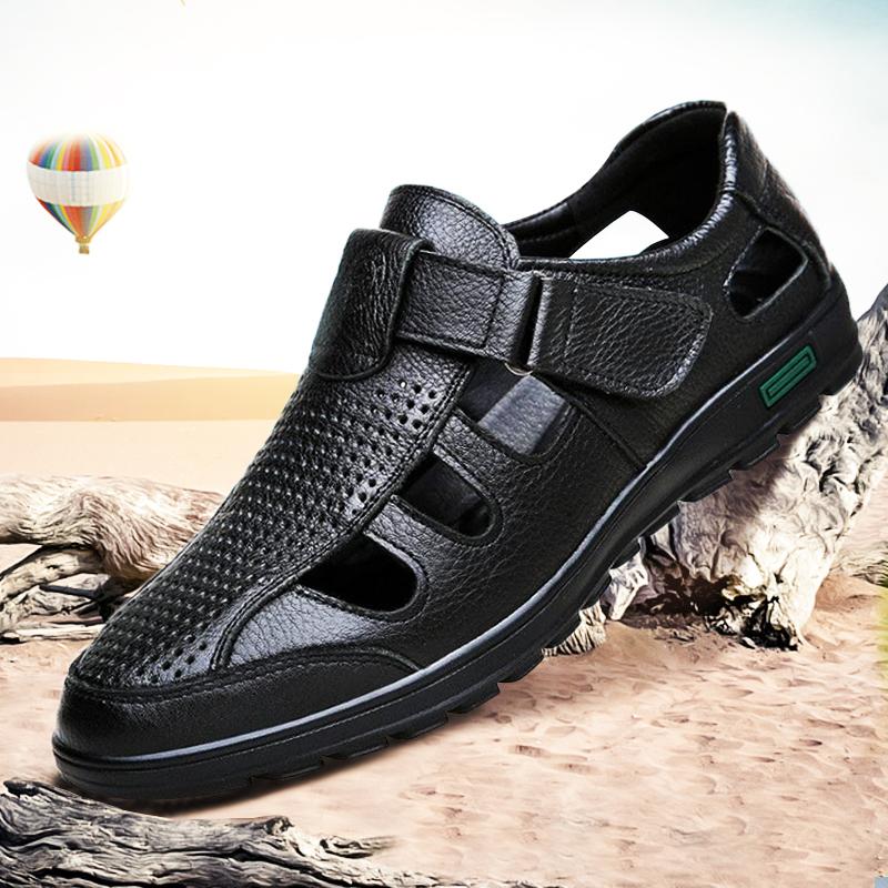 Summer Mens Flat Sandals  2019 New Soft Genuine Leather Male Flat Sandals Business Leisure Daddy Flat Shoes