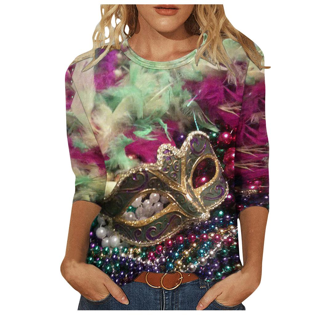 Long Sleeved Glamorous Mask Patterned Top Carnival Themed Printed Women's T-shirts