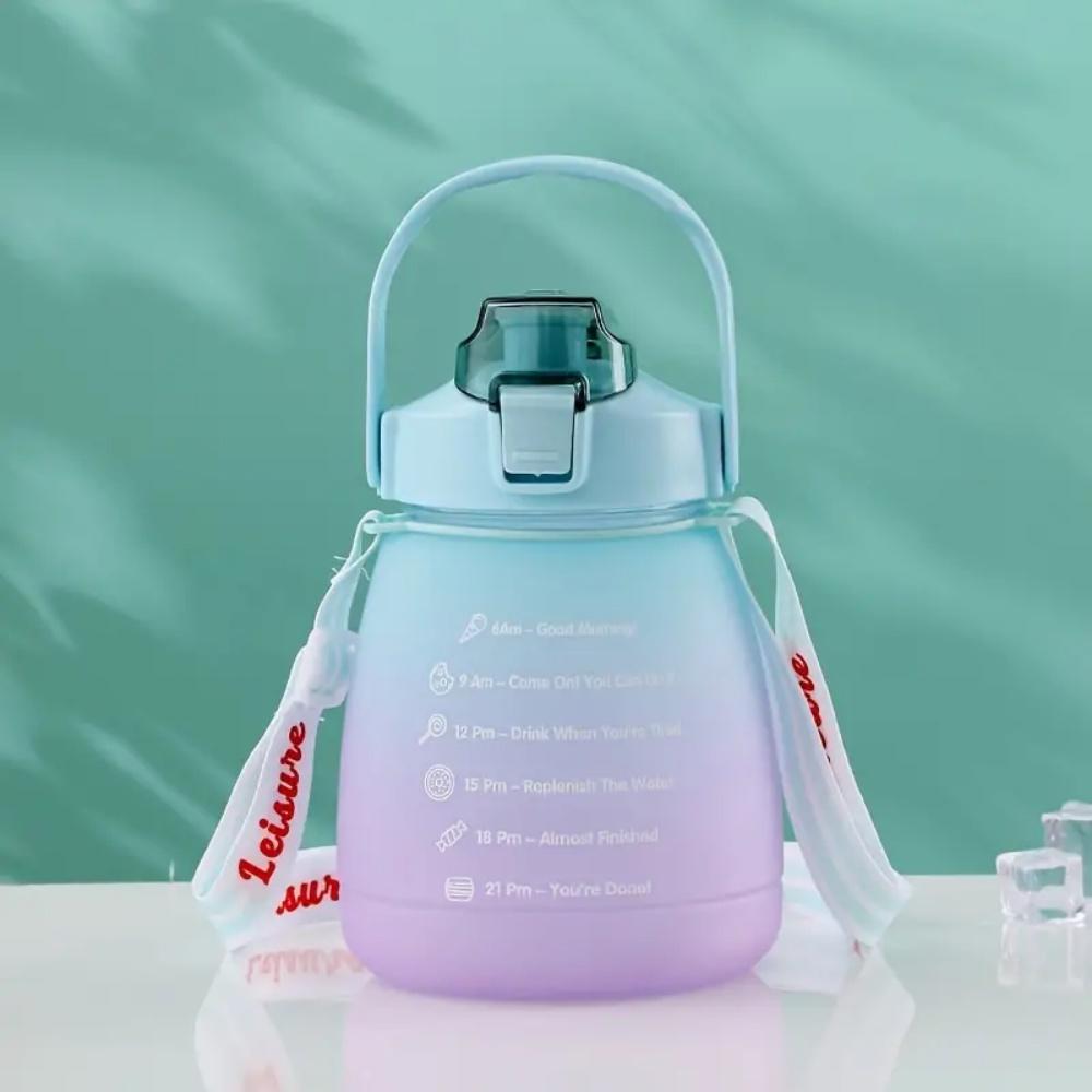 

Симпатичные бутылки для воды на 44 унции с соломинкой, спортивная мотивационная бутылка для воды на 1300 мл с регулируемым плечевым ремнем, кувшин для воды с маркером времени для школьников 1300ml зелёный