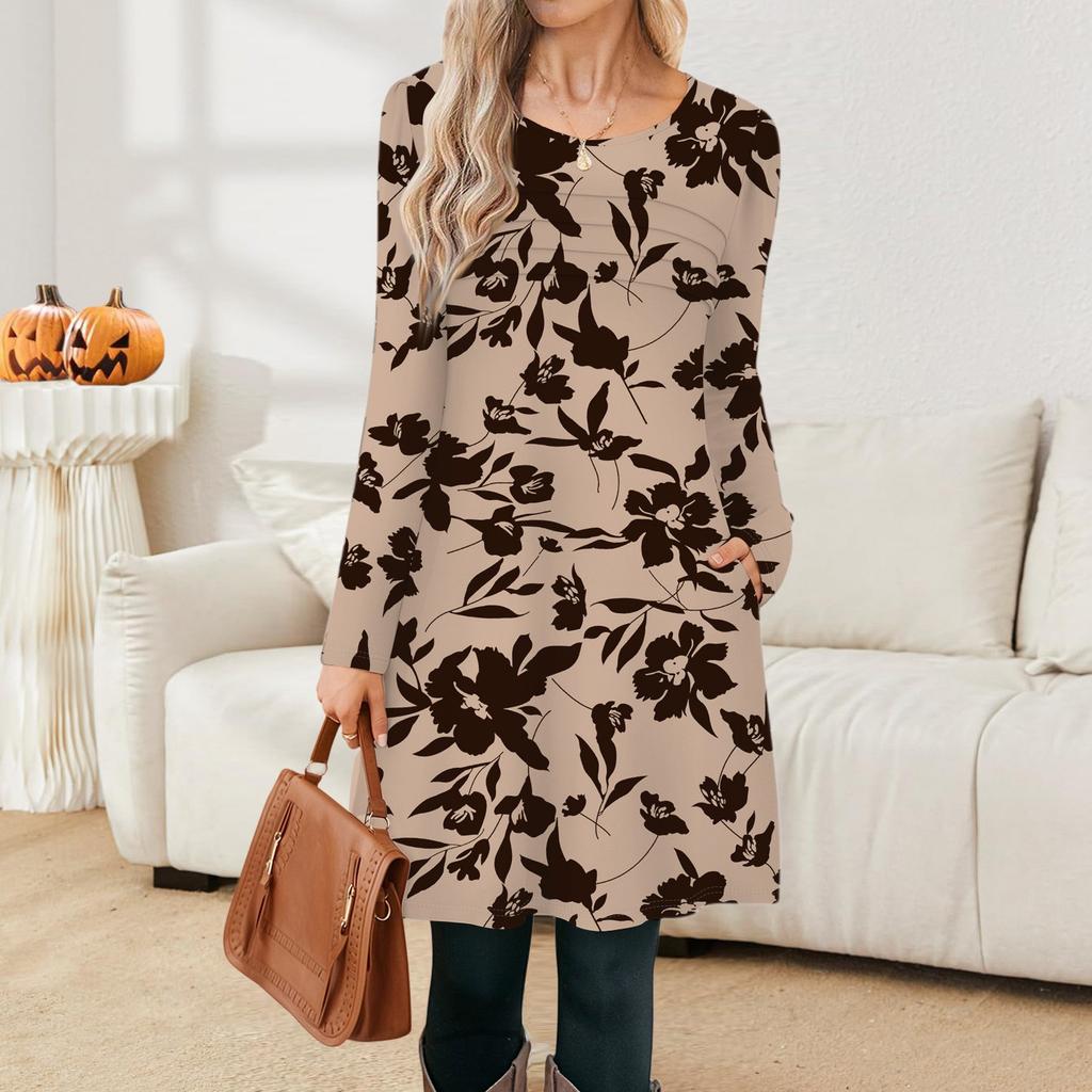 Kvinners avslappet mote langermet grafisk trykt vintage kjoler med lommer