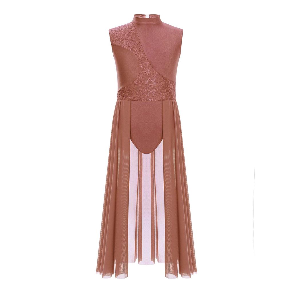 Kinder Mädchen Lyrisches Tanzkleid mit floralem Spitzen-Patchwork: Elegantes Stehkragen- und Cut-out-Rückendesign für Bühnenauftritte