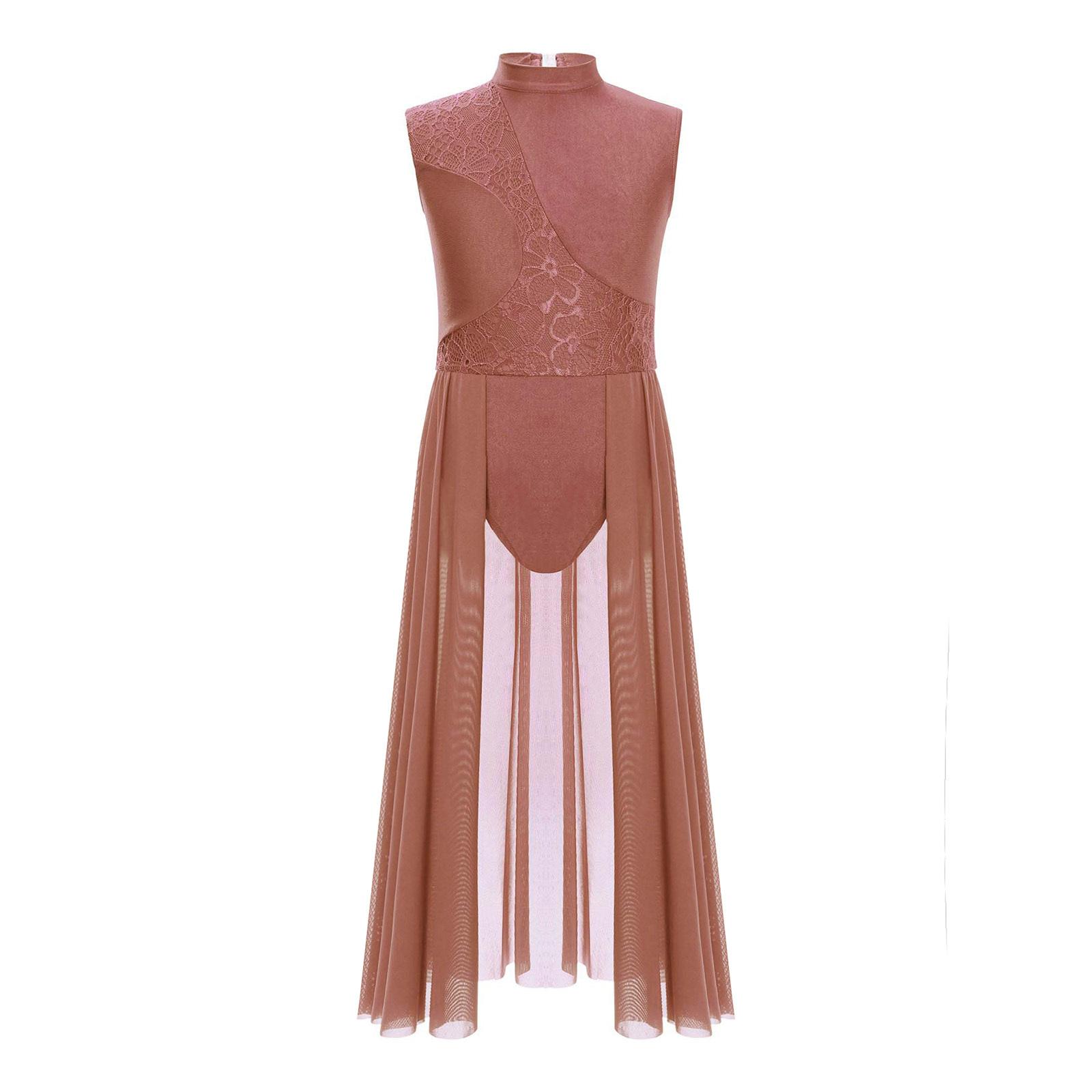 

Дихаюча сукня для ліричного танцю для дівчат: Квіткова мереживна печворк на зручному трико без рукавів з елегантними деталями 5-6 Years коричневий