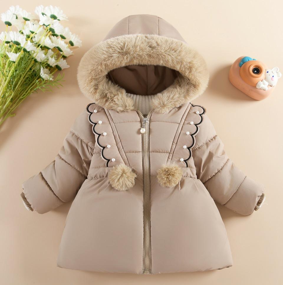 Children Autumn Winter Thick Cotton Coat Kids Girls Warm Pearls Jacket Plush Collar Hooded Windproof Outwear