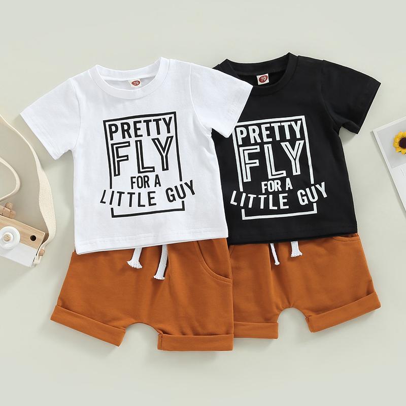 Boy Summer Clothes Set Short Sleeve Round Neck Letter Print T-shirt + Solid Color Drawstring Shorts Boys Outfits