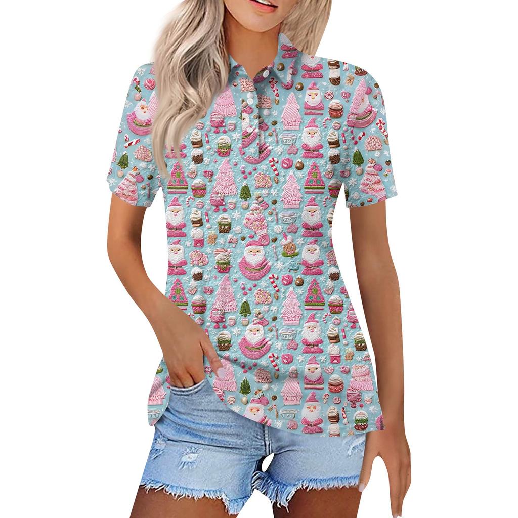 Women's Fashion Casual Lapel Short Sleeve Christmas Print Shirt Women's Button Up Tops