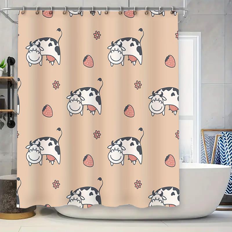 

Adorable Cartoon Cow Strawberry Print Shower Curtain For Bathroom Decor Pink White Colorful Home Decoration Waterproof 3D Fabric W60H190(CM)-1 Pcs