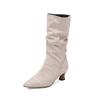 Fashion Trendy Women Pleated Blue Denim Jeans Boots Spike Heels Pointy Toe Knee-high Boots Shoes Autumn Winter Red Black White Pink