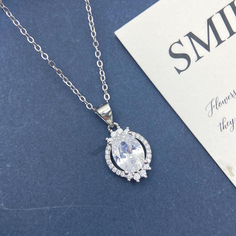 Korean Style S925 Sterling Silver Zircon Oval Pendant Necklace for Women 925 Sterling Silver