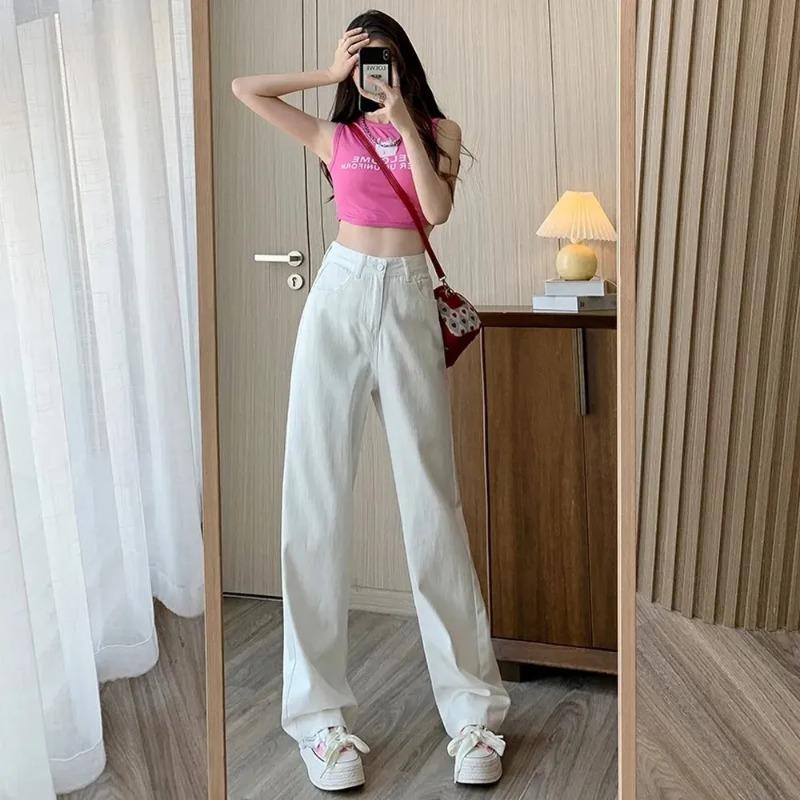 

Модные Художественные Легкие Женские Трендовые Брюки с Широкими Штанинами Простой Стиль Однотонный Дизайн с Высокой Посадкой Подходящие Повседневные Белые Брюки M белый