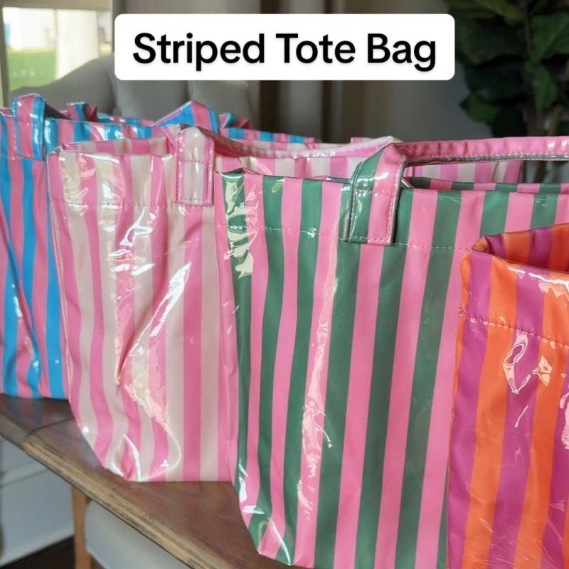 Stylish Striped Pvc Tote Bag Large-capacity Handbag Lightweight Portable Travel Shoulder Bag Casual Waterproof Shopping Bag
