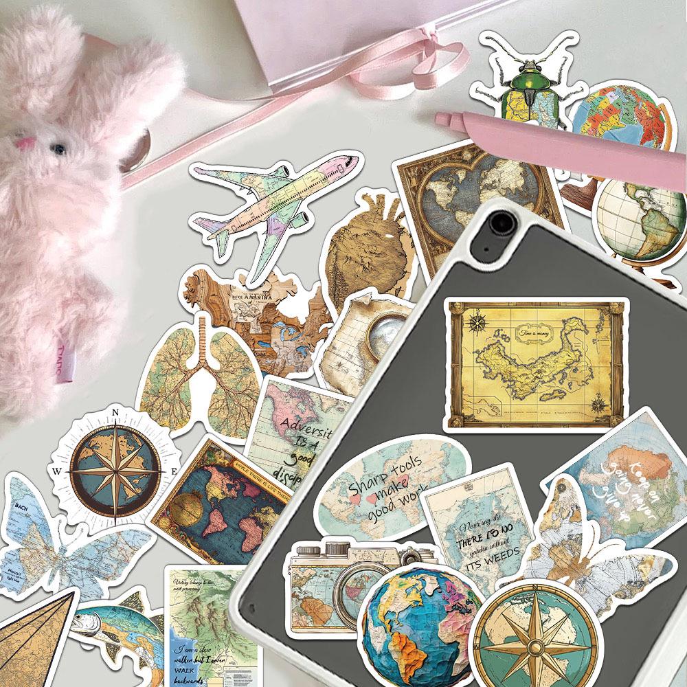 50 Retro Map Stickers: Personalized Decals for Journals, DIY, Water Bottles, and Phone Cases