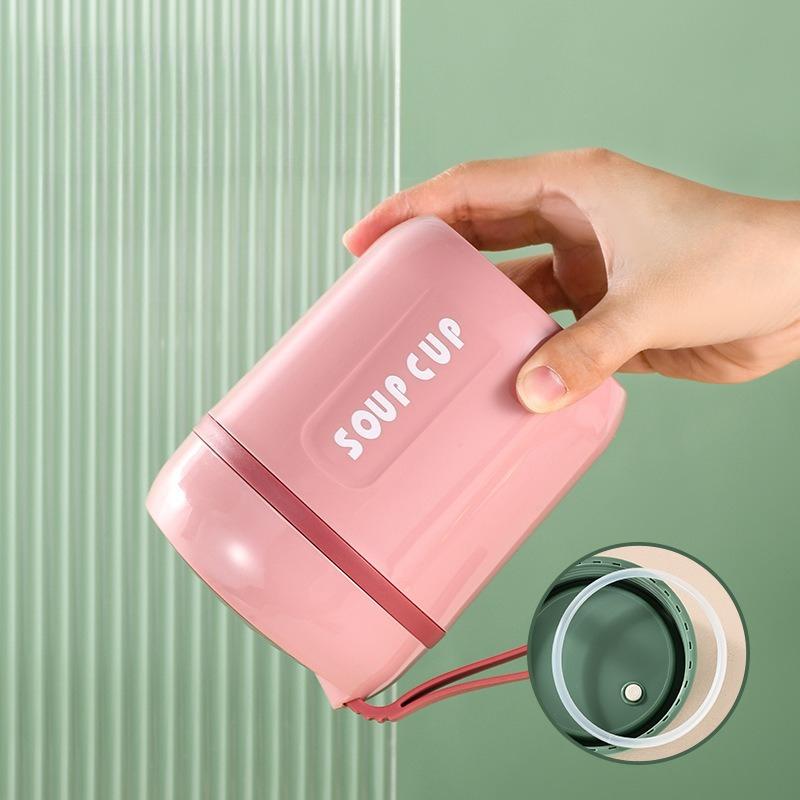 480ml Stainless Steel Soup Cup, Portable Insulated Breakfast Porridge Milk Container with Foldable Spoon & Carry Strap Leakproof