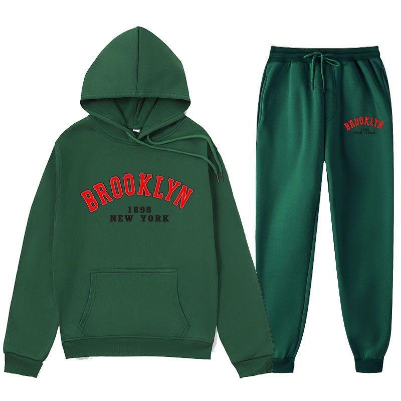 LOS Los Angeles Letter Printed Same Color And Pants Set For Men's Autumn/Winter With Velvet Hoodie