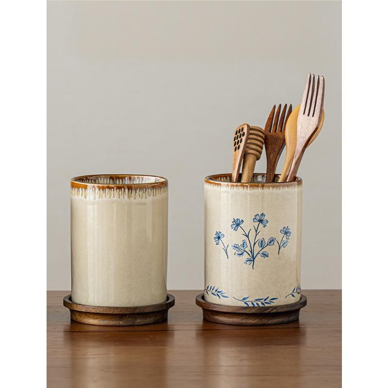 Drainable Ceramic Chopsticks Holder - Multi-purpose Kitchen Storage Jar for Spoons, Forks, and Knives