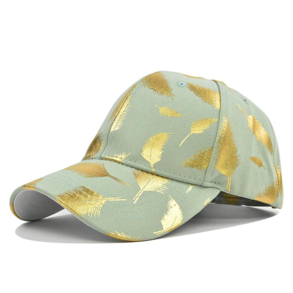 Summer Adjustable Cotton Baseball Cap With Gold Leaf Print Round Top And Curved Brim In Various Colors
