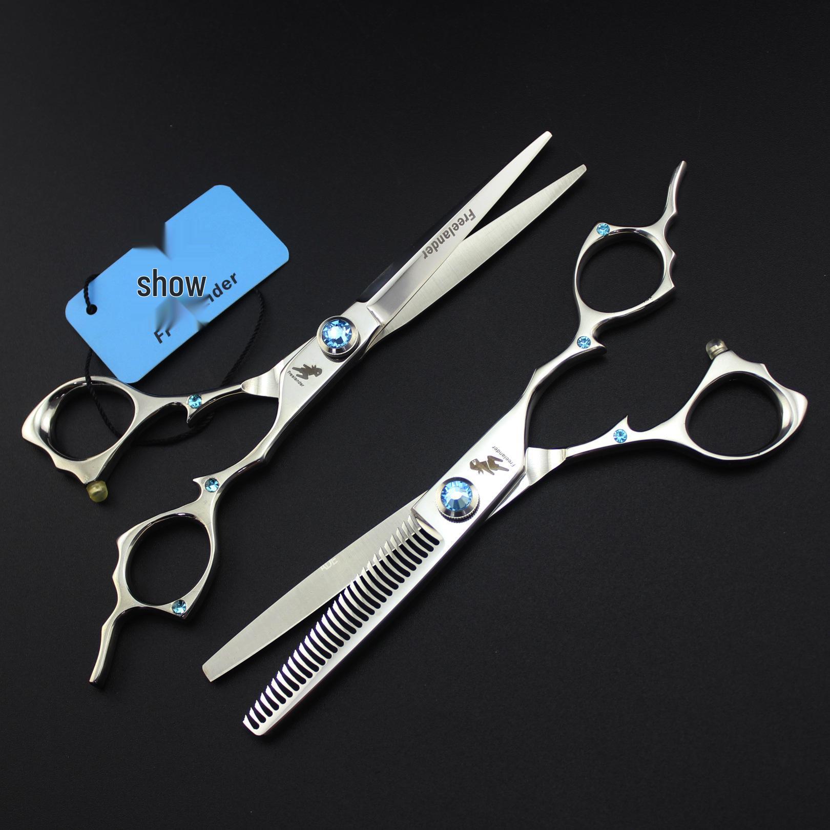 6.0 440C Wanderer Hairdressing Scissors with Bag – Barber Straight Shears for Bangs Blue Gem Thinning Shear