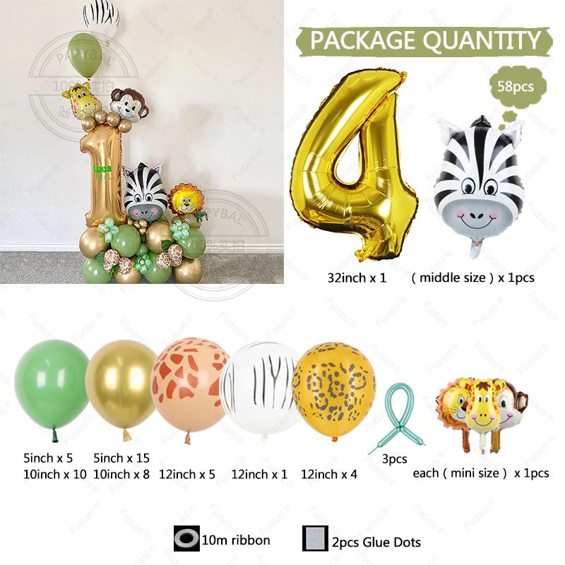58pcs Wild Jungle Party Theme Gold Number 1-9 Balloon Garland Kit Birthday Baby Shower Gender Reveal Party Supplies Decorations