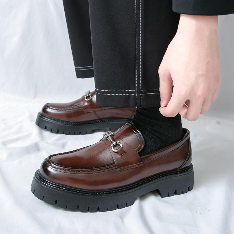 2025 New Thick-soled Heightening Men's Big-headed Leather Shoes Patent Leather Glossy Casual Thick-heeled Loafers Hairstylist Trendy Shoes