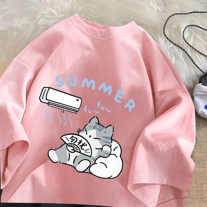 Summer Cat T Shirt for Men Women American Street Creative Funny Air Conditioner Cat T-shirts Cotton O Neck Tee Shirt Streetwear