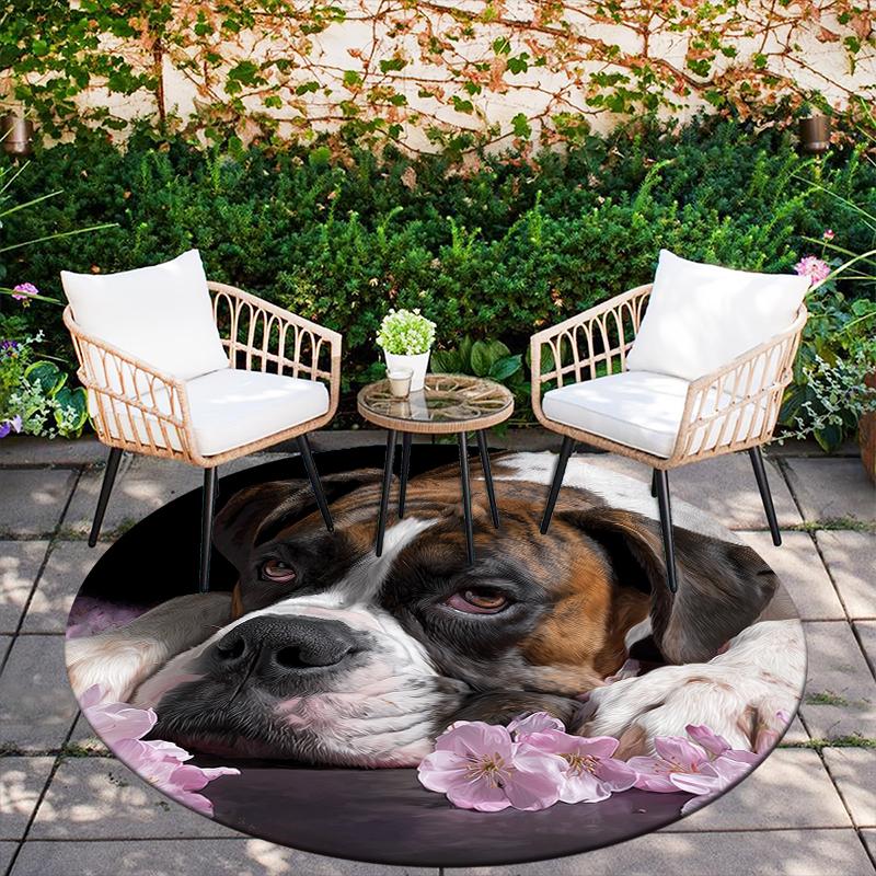 Runder Teppich mit Muster aus Boxern und Blumen, Teppich für Wohnzimmer, Schlafzimmer, Spielzimmer, Rutschfeste Fußmatte, Feiertagsgeschenke und Geburtstagsgeschenke.