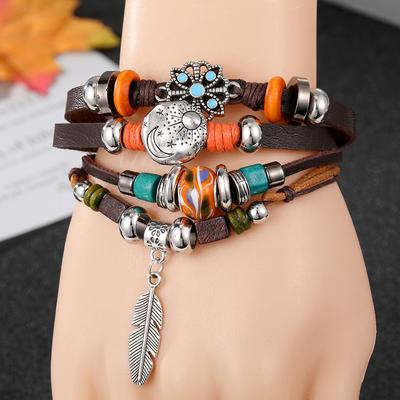 Vintage Gothic Punk Moon Star Metal Multilayer Leather Bracelet Men Leaf Bracelets & Bangles Male Arm Sun Jewelry