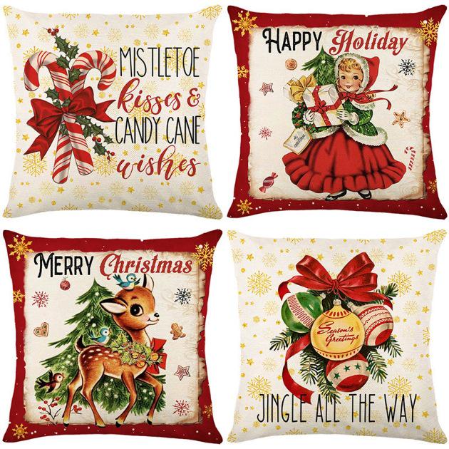 New Linen Christmas Pillowcase with Santa Claus and Reindeer Design