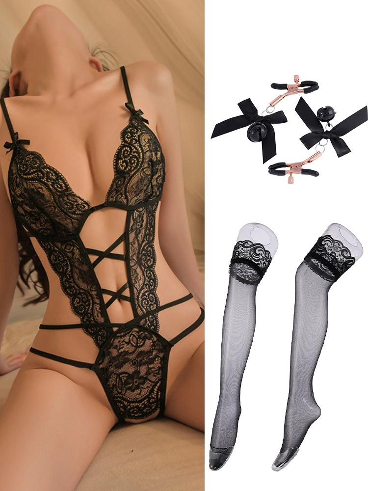 Naughty Red Lingerie Lace Hollow Bodysuit For Women Erotic Backless Sleepdress Teddies Babydoll Underwear Crotchless Open Bra