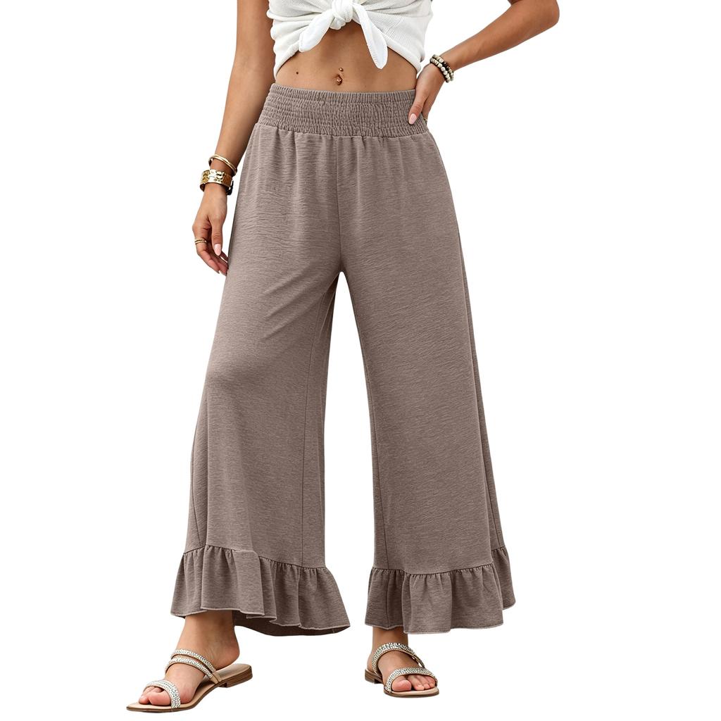 Women Wide Leg Pants Drawstring Waist Elastic High Waist Ruffle Hem Casual Loose Fit Trousers with Pockets Lightweight Soft Fabric