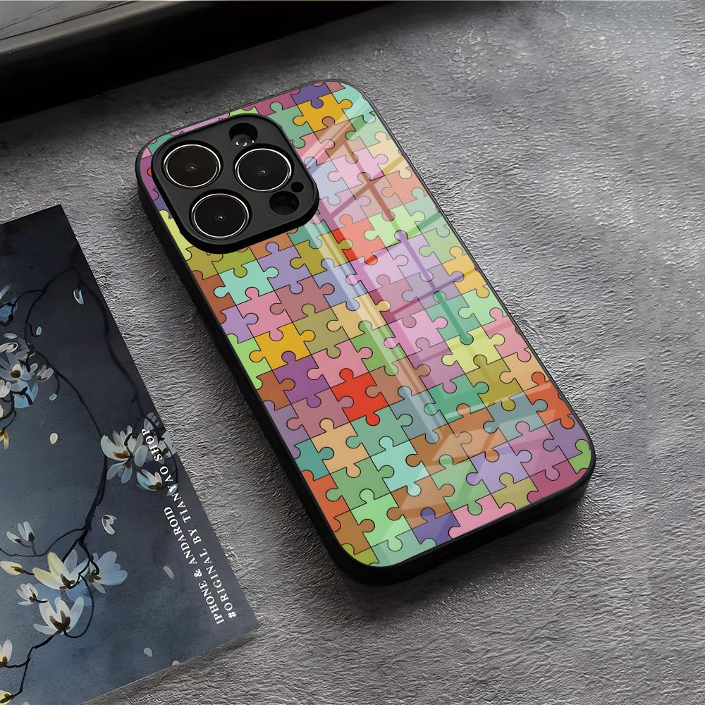 

Autism Support Puzzle Pattern Phone Case For IPhone 17 Air 16 E Pro Max 15 14 13 Mini 12 Pro 11 Max Plus Black Glass Cover iPhone 14 Plus