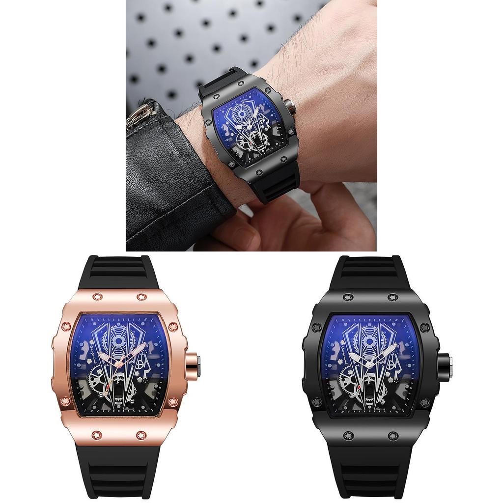 Hollow Richard Wine Barrel Shape Quartz Watch For Men Business Calendar Silicone Strap