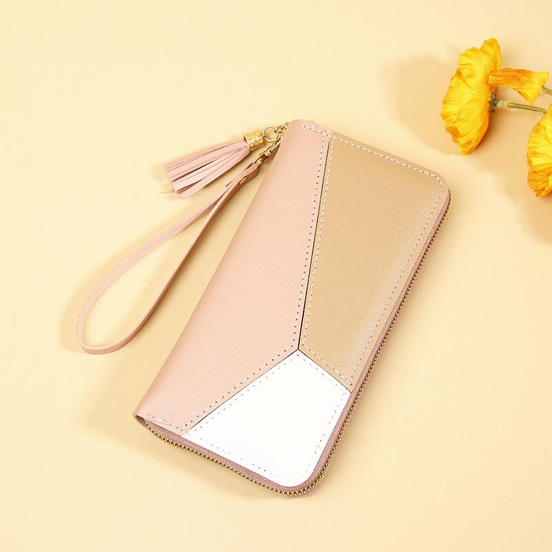 

Женский лонг-кошелек в корейском стиле 2025 года с пэчворком, длинной молнией и кисточкой розовый
