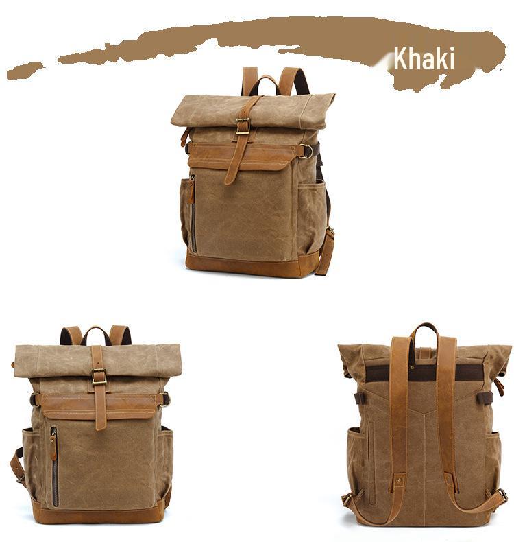 Men's Crazy Horse Leather Travel Backpack and Shoulder Bag with Waxed Canvas Laptop Compartment