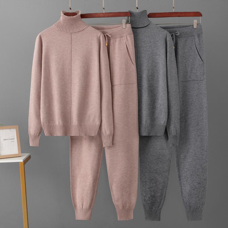 Candy Color Knitted 2 Piece Sets Women Turtleneck Knitwears Sweater Pullover Tops High Waist Casual Harem Pants Outfit