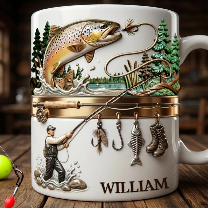 

2D print Fishing Lover Gift Mug-Personalized Fishing Cup for Angler,Custom Name Fish Design Ceramic Coffee Mug Birthday Present 301-400ml