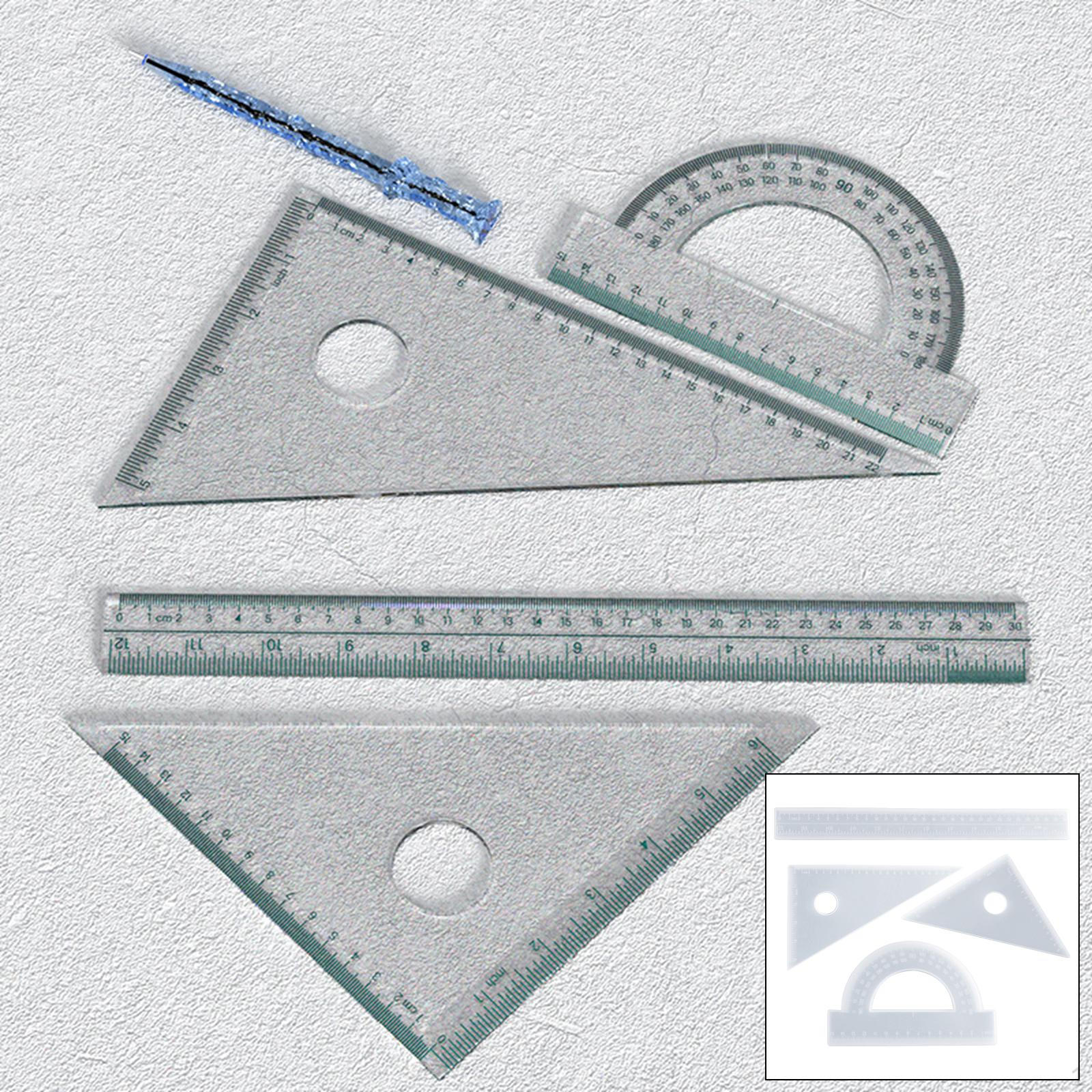 4 Pcs Ruler Resin Geometry Set Casting with Triangle,Protractor, Scale for Math Kit