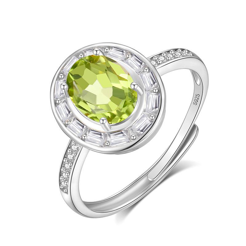 Classic S925 Sterling Silver Ring, Oval Natural Crystal & CZ Adjustable Band for Ladies