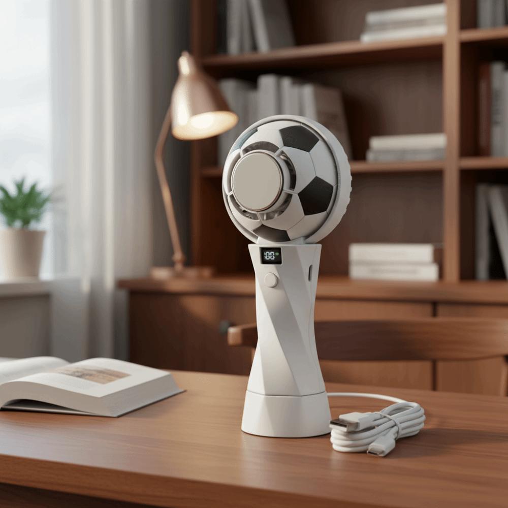 Kreativer Mini-Fußball-Kühl-Elektrolüfter, Hochgeschwindigkeits-Wiederaufladbarer Handventilator, 5 Stufen, LED-Anzeige, Fußball-Design-Lüfter, Outdoor
