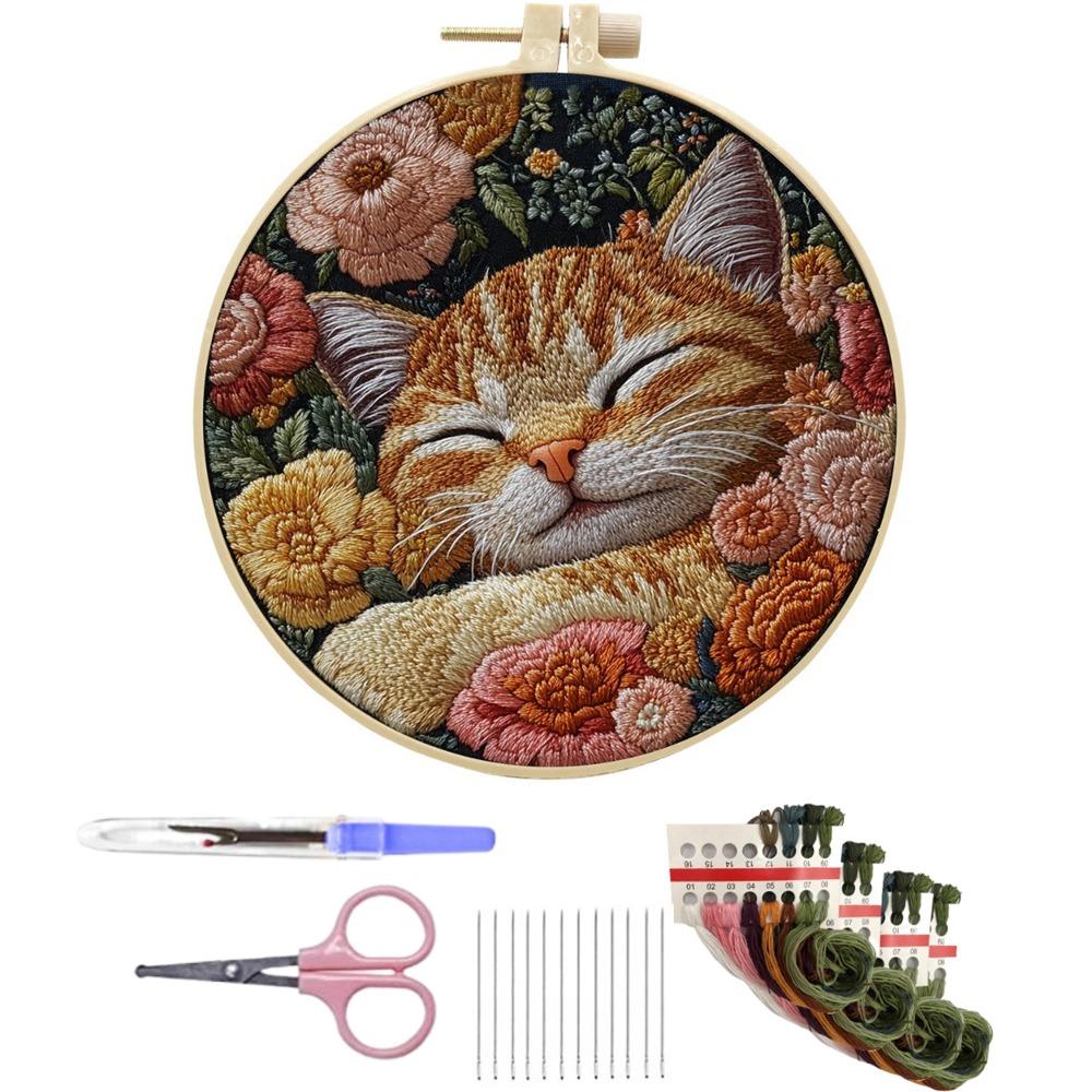 1 Set Cat Embroidery Kit Embroidery Frame with Patterns Fabric Material Package Scissors Seam Remover DIY Craft Kits Decoration