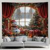 Cute Snowman Christmas Tapestry Xmas Tree Gifts Red Curtains Window Winter Scenery New Year Home Living Room Decor Wall Hanging