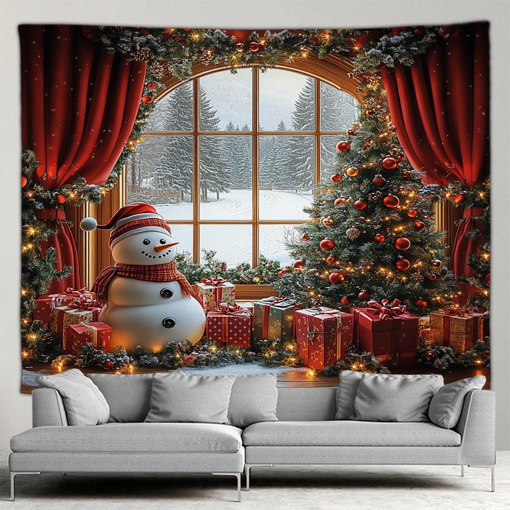 Cute Snowman Christmas Tapestry Xmas Tree Gifts Red Curtains Window Winter Scenery New Year Home Living Room Decor Wall Hanging