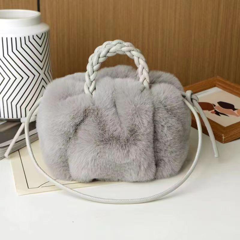 Handheld Fluffy Pumpkin Pleated Cloud Crossbody Bag - Faux Rabbit Fur Plush