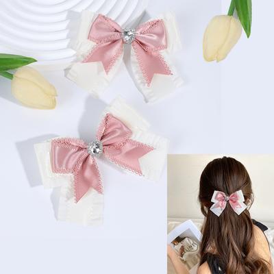 2 Stück Zweistöckige Schleifen-Haarspange Rosa Schleifen-Haarspangen Damen Elegant Strass Französischer Stil Haarspange Mädchen Diamant Herz Accessoires