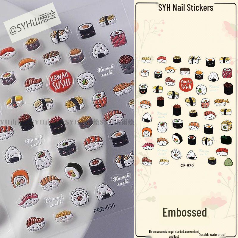 

Cartoon Sushi Nail Art Stickers: 3D Embossed, Waterproof, Cute DIY Adhesive Designs Essential Decoration Package [1 Sheet]