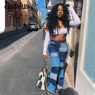 Autumn Fashion Clashing Colour Patchwork High Waist Tight Hip Flare Women's Plus Size Denim Jeans