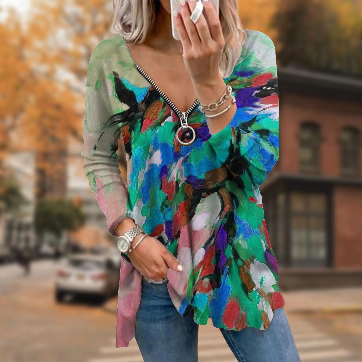 

Жіночі осінні футболки з довгими рукавами з кінським принтом, вільні футболки з V-подібним вирізом, плюс розмір, зручна блуза 8XL світло-зелений колір