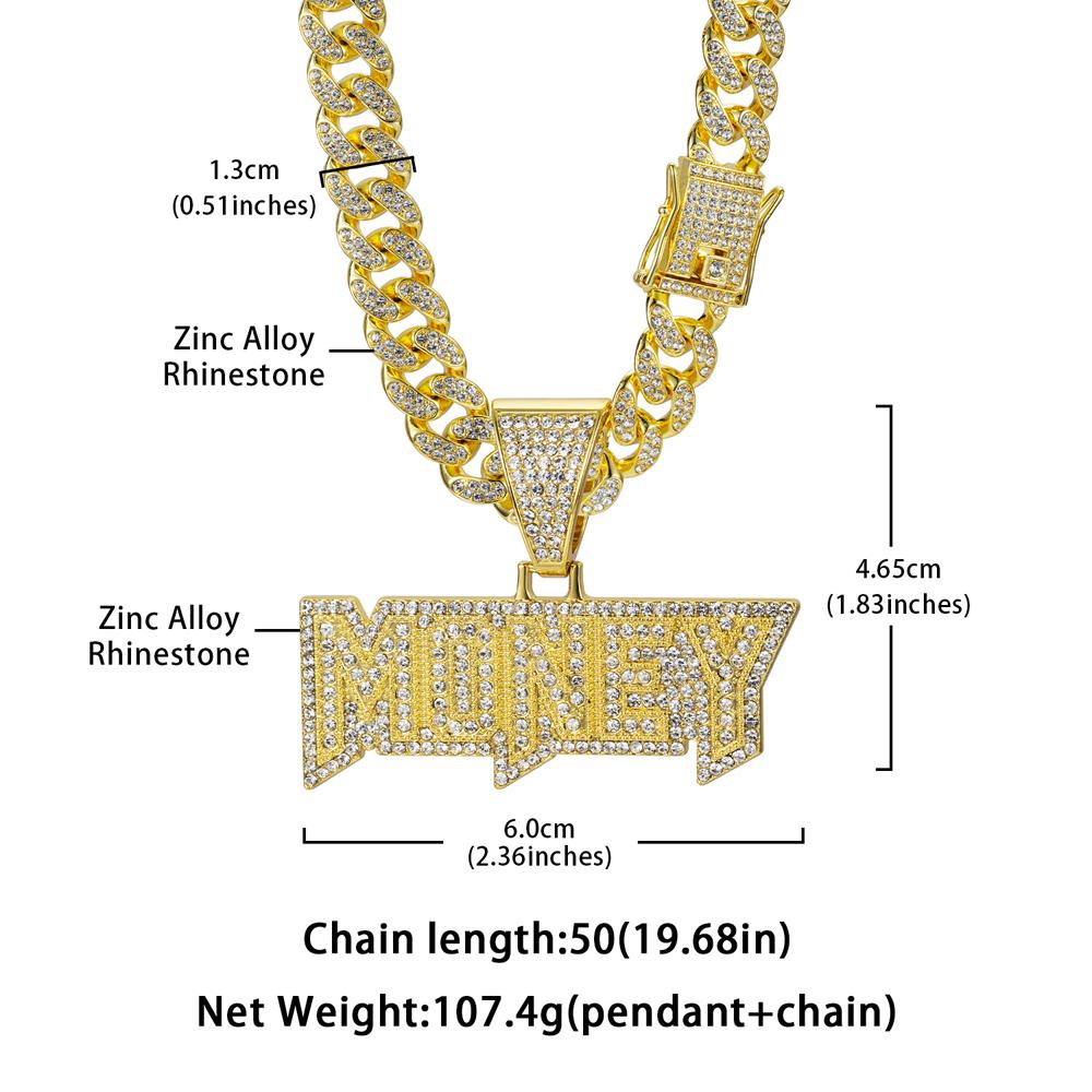 Men Women Hip Hop Money Letter  Pendant Necklaces 13MM Cuban Chain Iced Out Bling Alloy Rhinestone Hiphop Fashion Charm Jewelry