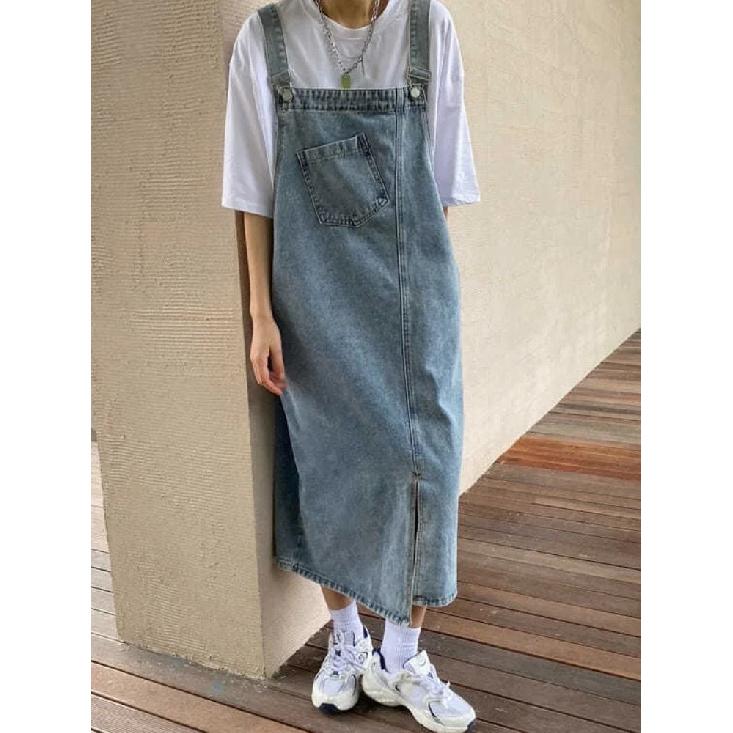Frühling Sommer Denim Overall Kleid Frauen Ärmellose Jeans Kleider Mode Weibliche Solide Slip Casual Lose Spaghetti Strap Kleider