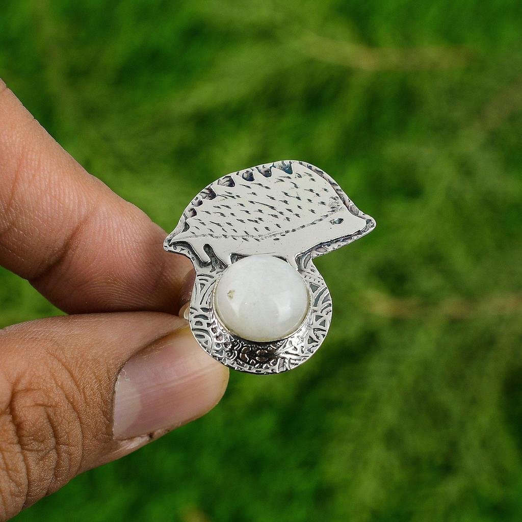 Sterling Silver Round Rainbow Moonstone Stone Statement Anniversary Ring Jewelry